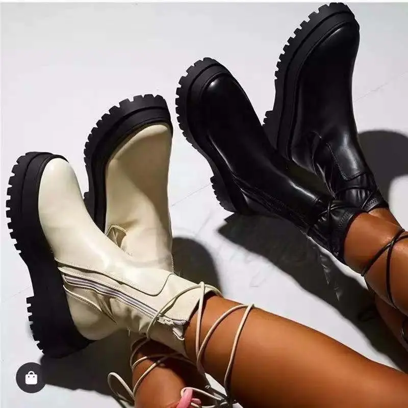 מגפי נשים רוכסן צלב שרוכים העקב מזדמן אופנה קרסול מגפי עבה סולית נעלי Botas Mujer גבירותיי נעליים לחורף