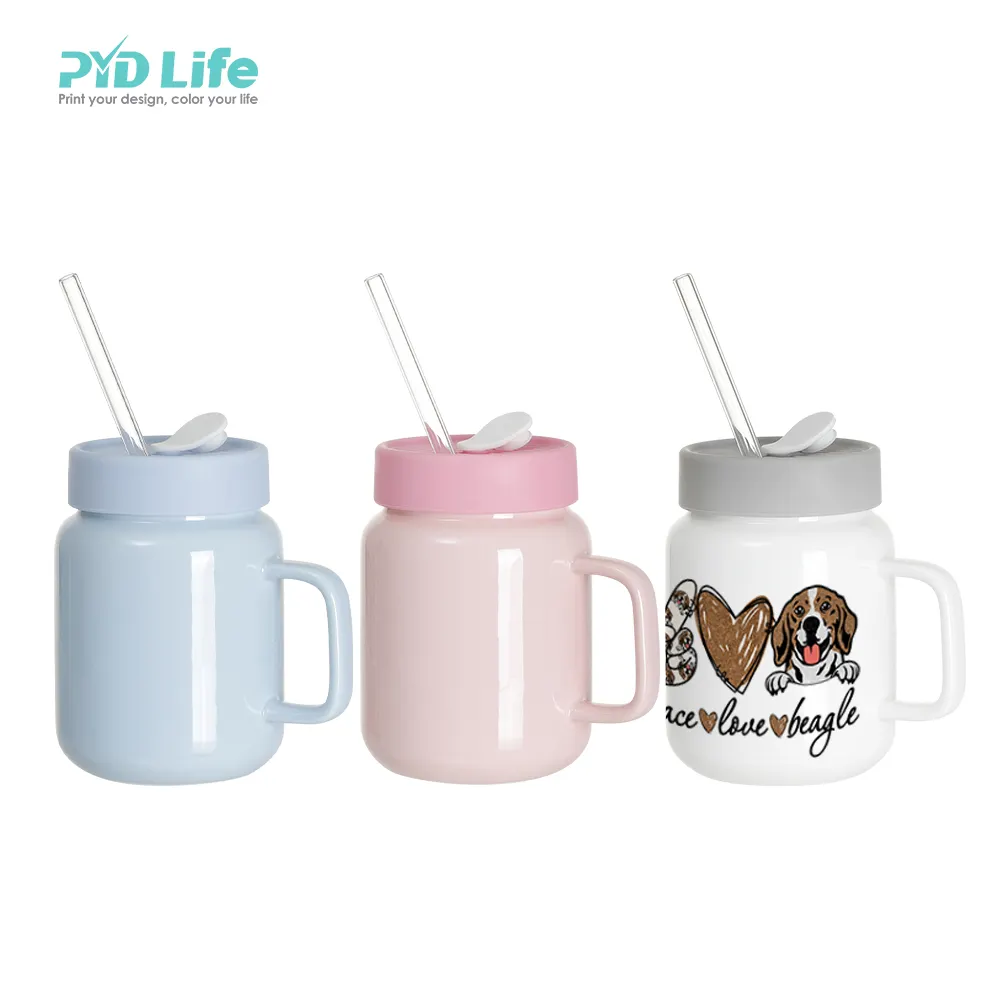 PYD Life-tazas de viaje de cerámica para café, tarro de Mason Jar con mango personalizable, 17oz, venta al por mayor