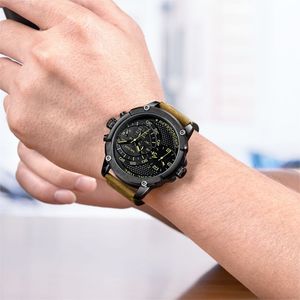 Relojes Hombre Megir 2093 גברים יד כפולה אזור הזמן קוורץ שעונים יוקרה עור הכרונוגרף שעון