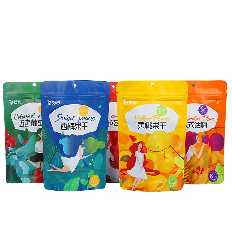 Patrón personalizado Logotipo Embalaje personalizado Mango Uva Fruta seca Alimentos Plástico Doypack Snack Treat Bolsa Stand-Up Bolsa de embalaje