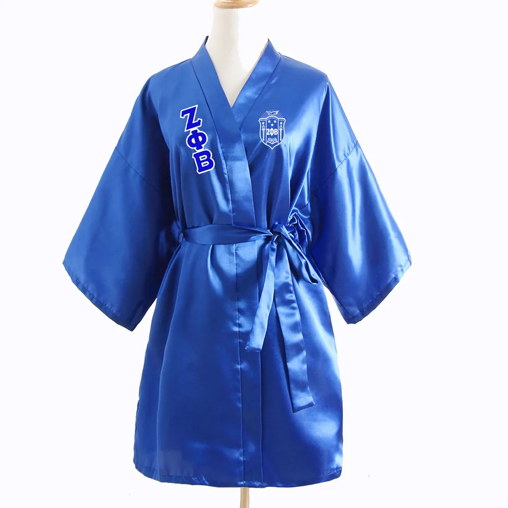 Benutzer definiertes Logo Sorority Griechischer Buchstabe ZETA PHI BETA Blaue Nachtwäsche Satin Robe Seide Bademantel Damen bekleidung