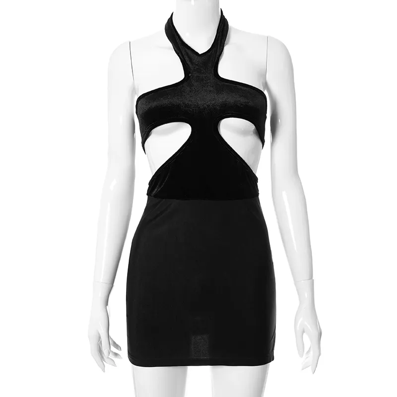 2024227 Sexy ahueca hacia fuera los vestidos de las mujeres sin mangas sólido negro Bodycon Mini mujeres vestido de fiesta Clubwear