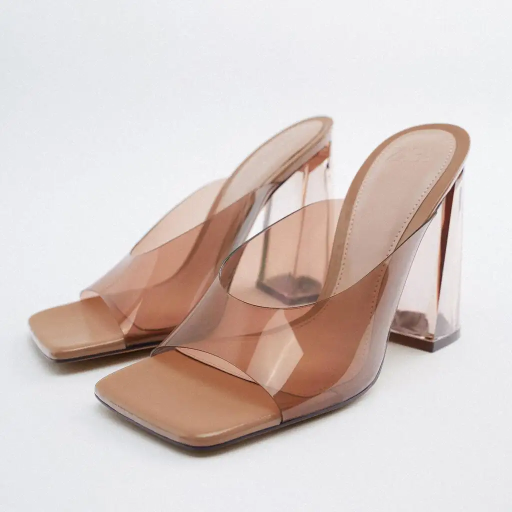 Xinzirain-Sandalias de goma de cristal con cabeza cuadrada, zapatos de tacón grueso, tacón alto, novedad