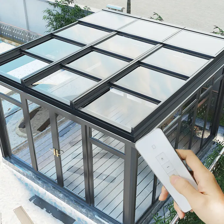 Système d'auvent de toit de pergola en verre rétractable en aluminium Ouverture motorisée Terrasse réglable Couverture électrique Toit de pergola extérieur