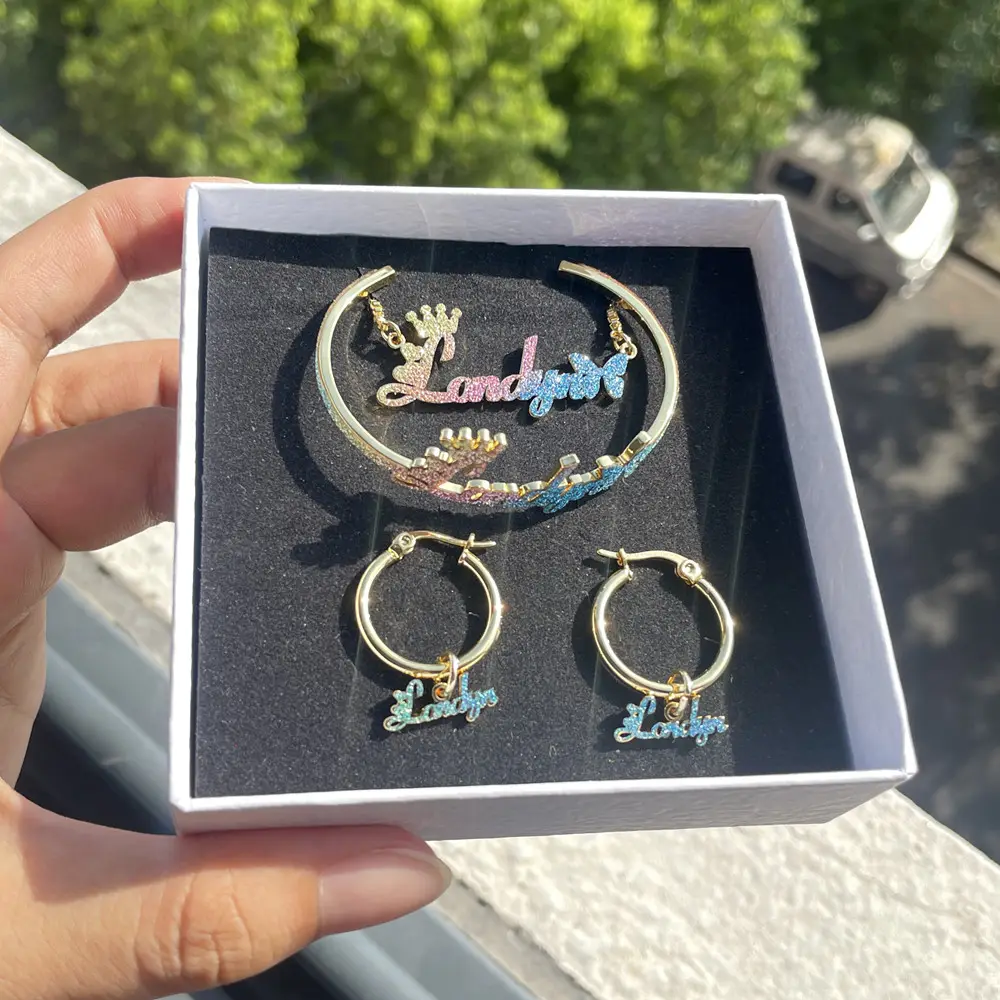 QIUHAN OEM Personalized Stainless Steel Color Custom Name Rainbow Jewelry Set