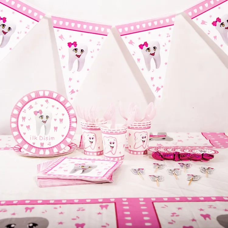 Blauw Roze Tanden Thema Kinderfeestje Tanden-Care Dag Meisjes Jongens Wegwerp Servies Banner Decoratie Feestartikelen