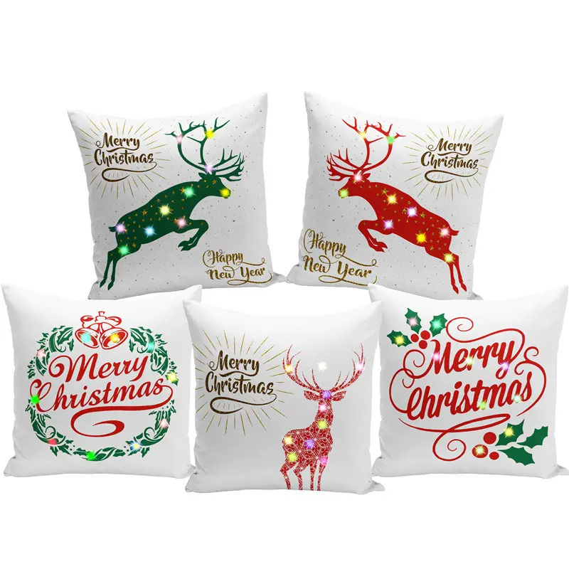 Christmas Pillow Cover Xmas Pillow Case with Led Lights Sofa Throw Cushion Cover for Winter Holiday Christmas Light Pillow Cover