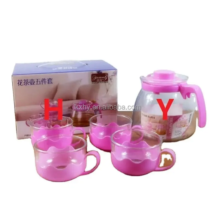 Théière en verre domestique avec boîte-cadeau Ensemble de théière Offre Spéciale indonésienne cafetière fleur rose