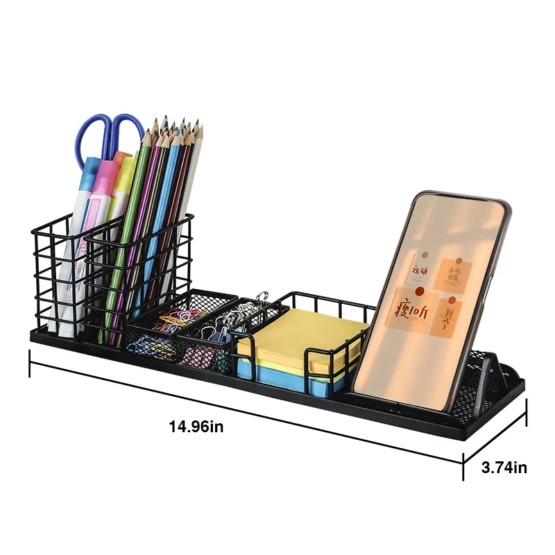 Home School Supplies Desk Organizers and Accessories, Black Office Metal Desk Caddy DIY Desktop Organizer with Phone Holder