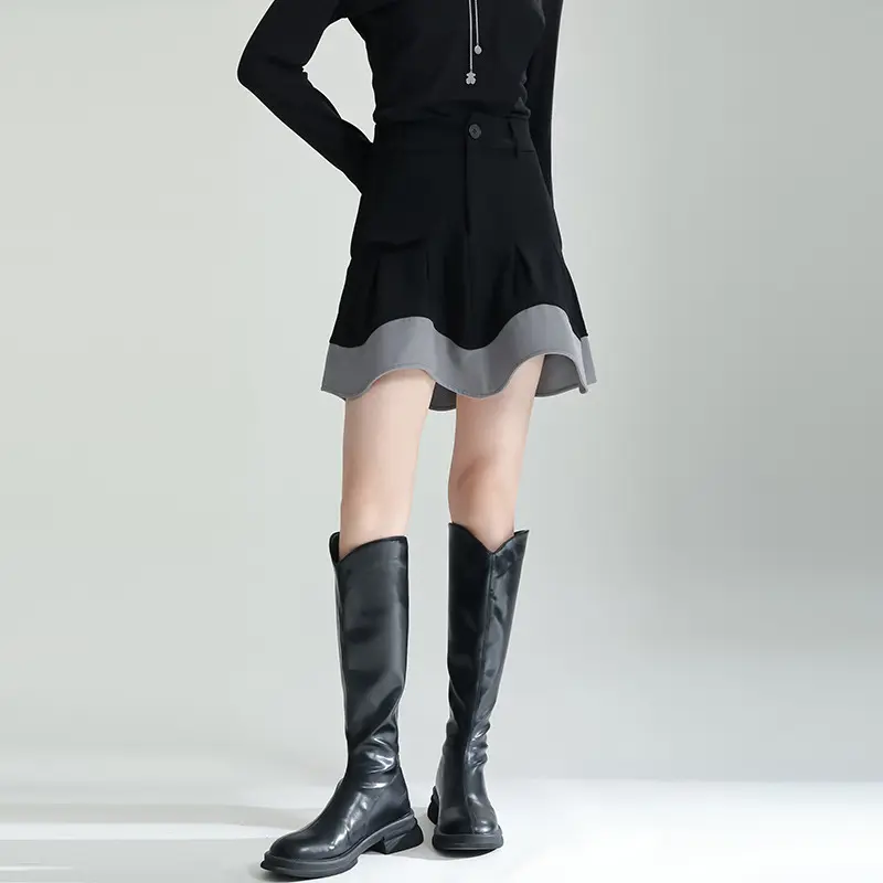 2023 nouveau Design de Niche demi-jupe femme minceur Patchwork couleur gris jupe plissée