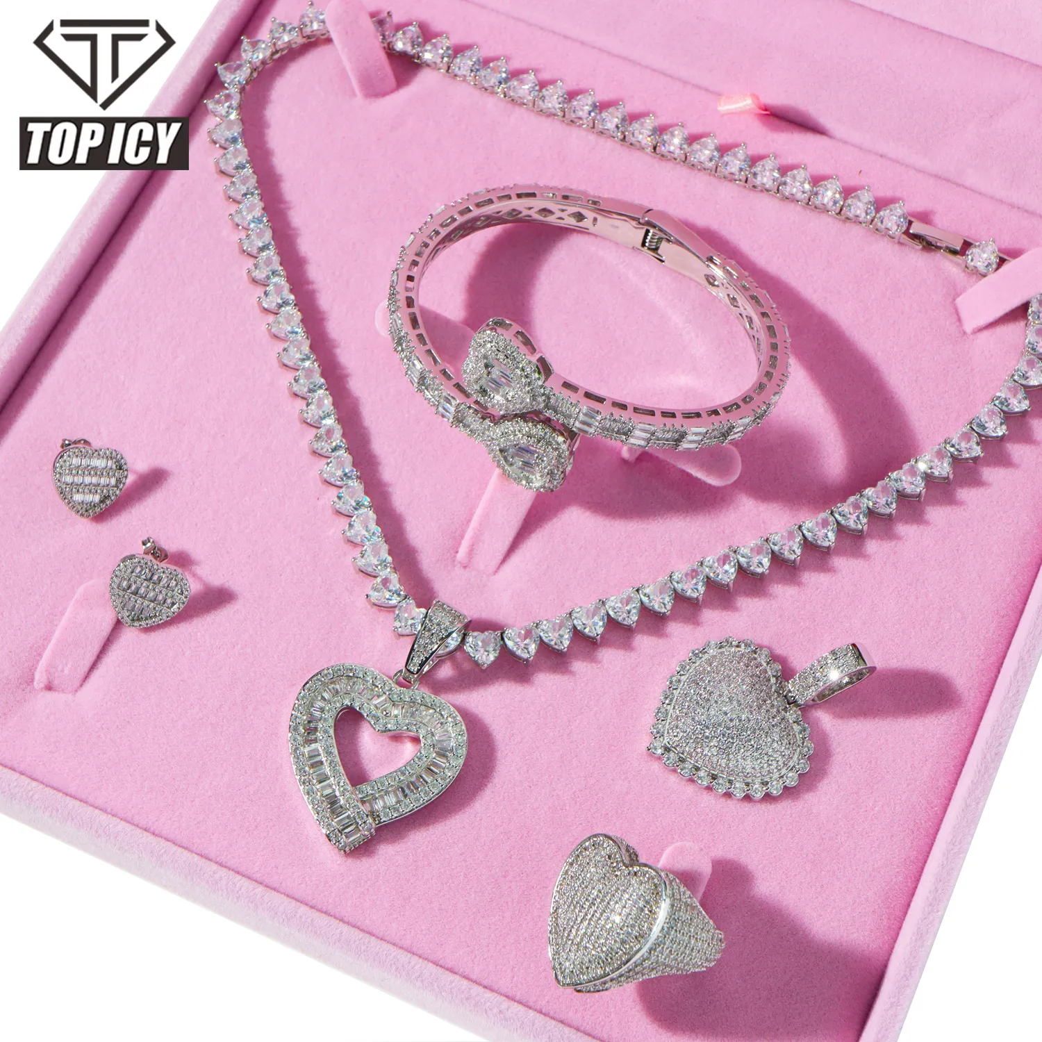 Icy iced out heart design love style women jewelry set cz bling bling iced out heart baguette bangle earring pendant jewelry set