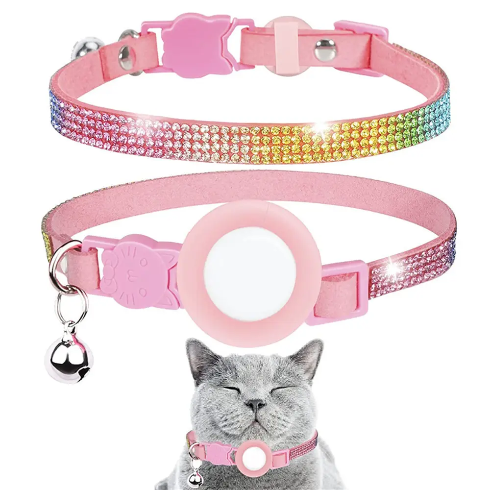 Collier de décoration en strass pour chat, chien, chaton, chiot, cloche et boucle de sécurité, étiquette pneumatique GPS, collier en diamant pour chat