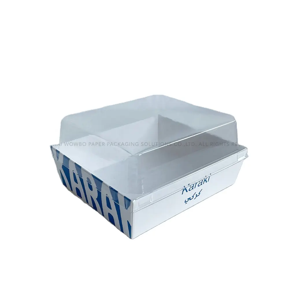 맞춤형 고급 딱딱한 기름기 방지 코발트 블루 화이트 매트 테이크 아웃 종이 식품 패스트리 파이 케이크를위한 투명한 뚜껑이있는 보트 트레이 상자