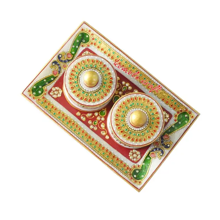 Kundan work marble tray container peacock design Indian wedding return gift items