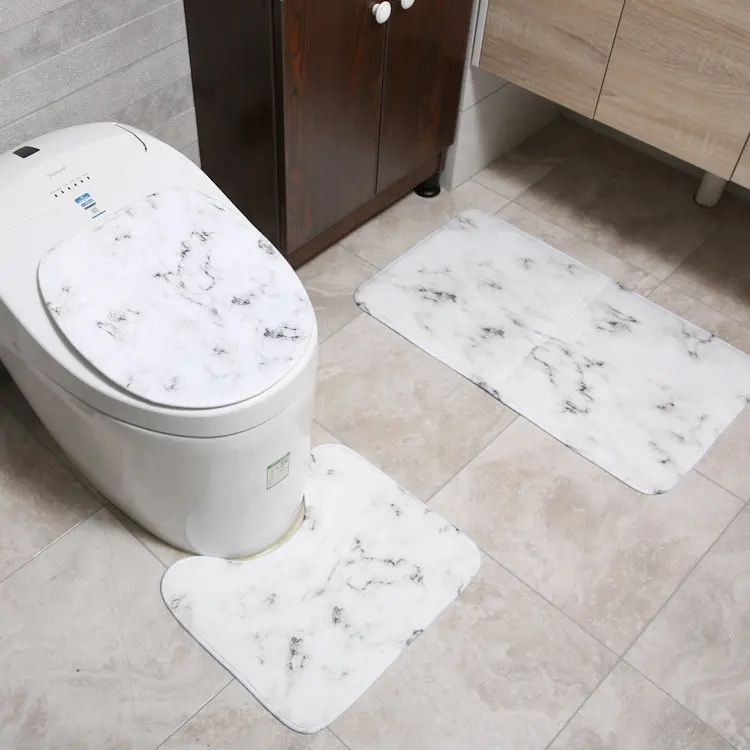 Digital Printing Marble Anti-slip Soft 3 Pieces Set Bath Carpet Toilet Rug Mat Set For Bathroom