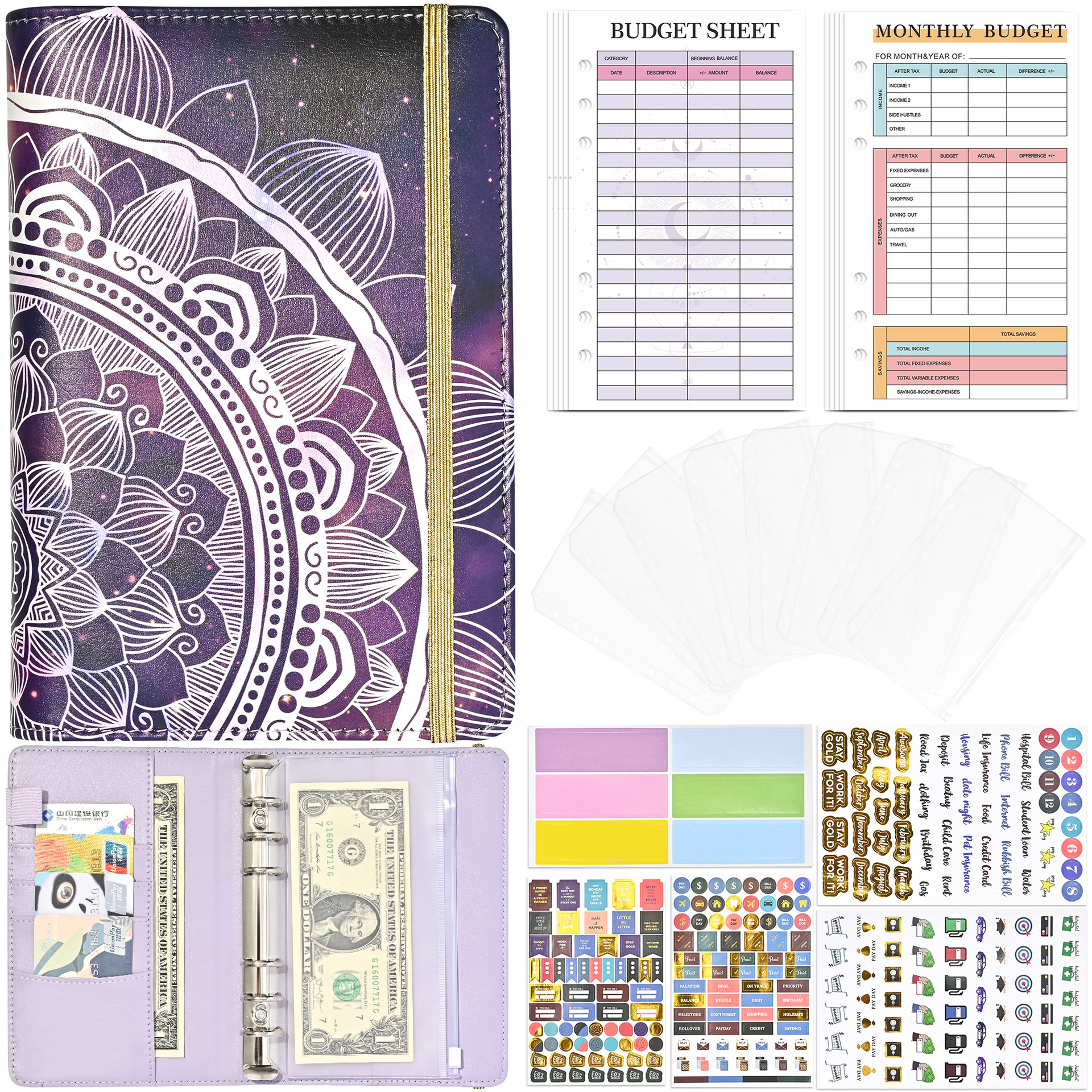 mandala-dream violet, carte de suivi budgétaire, 12 sacs à fermeture éclair, 8 bro