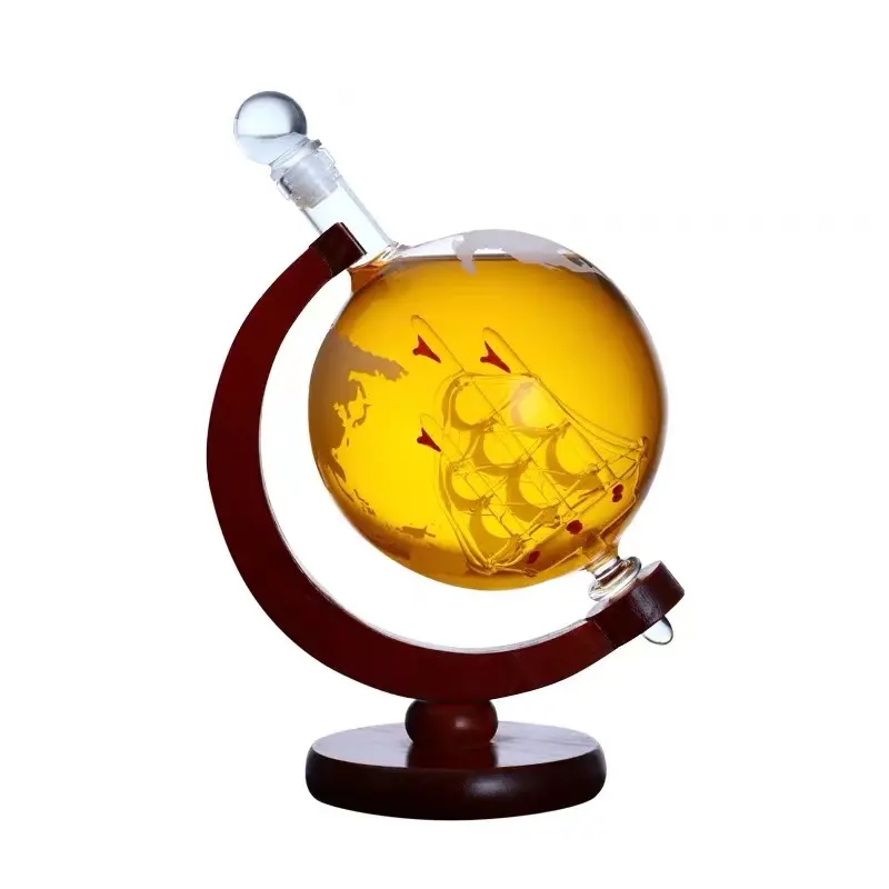 Mappa del mondo Dispenser di liquore bicchiere vino whisky Decanter di cristallo imposta globo con ripiani in legno per Bourbon