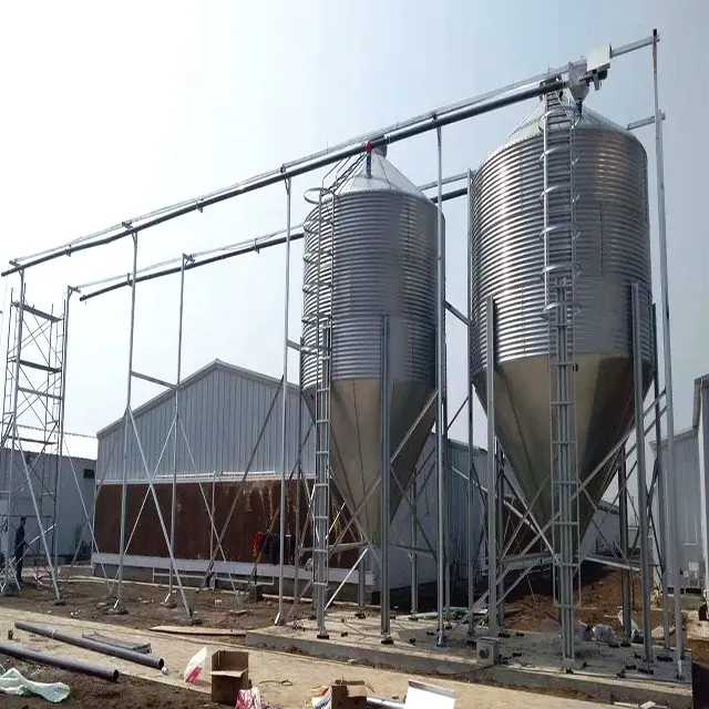 Sıcak daldırma galvanizli çelik kümes hayvanları katmanları yemleme ekipmanları otomatik broyler yem 10/15/20ton silo sistemi tavuk kafesi çiftlikleri