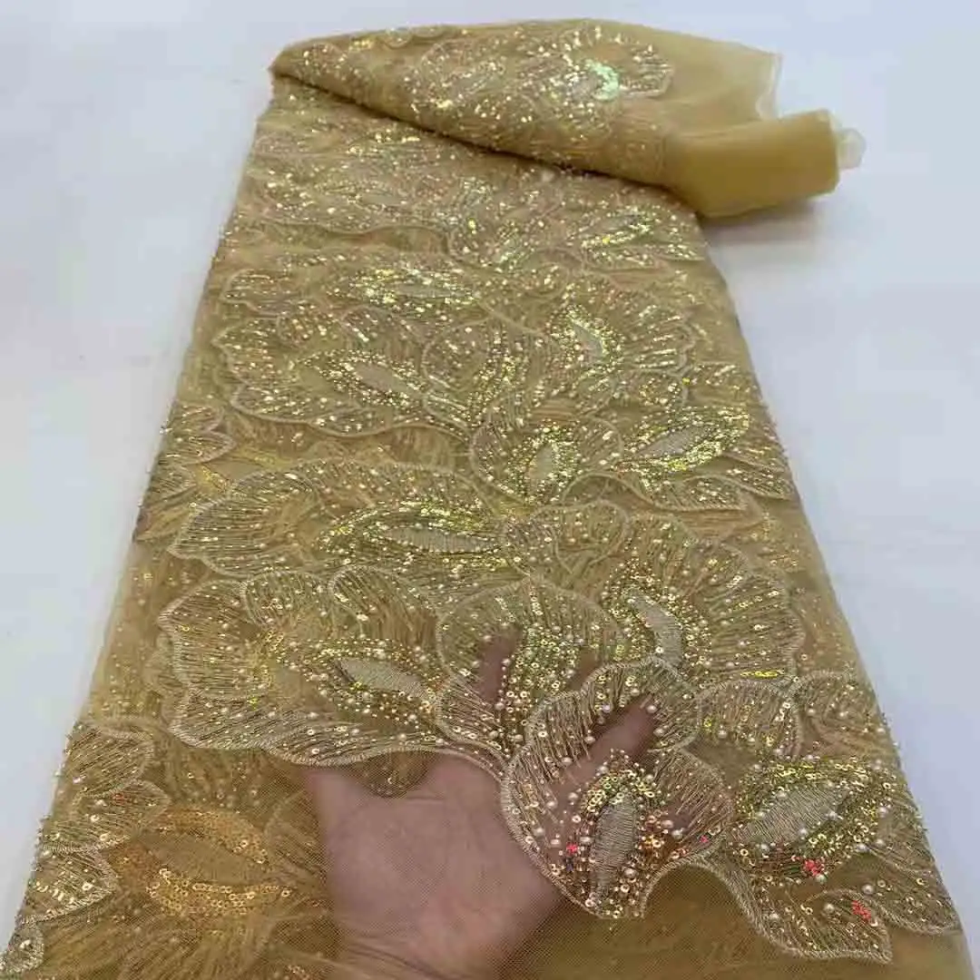 Diseño pesado bordado color dorado lentejuelas tul hecho a mano cuentas telas de encaje para noche vestido de novia Dama