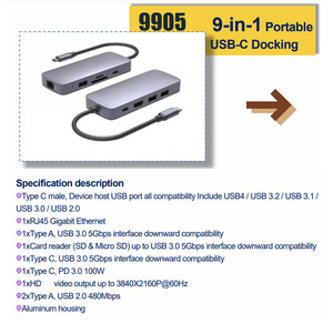 9 in 1 4kビデオUSBCハブタイプCアダプター充電器プロラップトップUSBスプリッター2タイプCハブ - Product Image 4