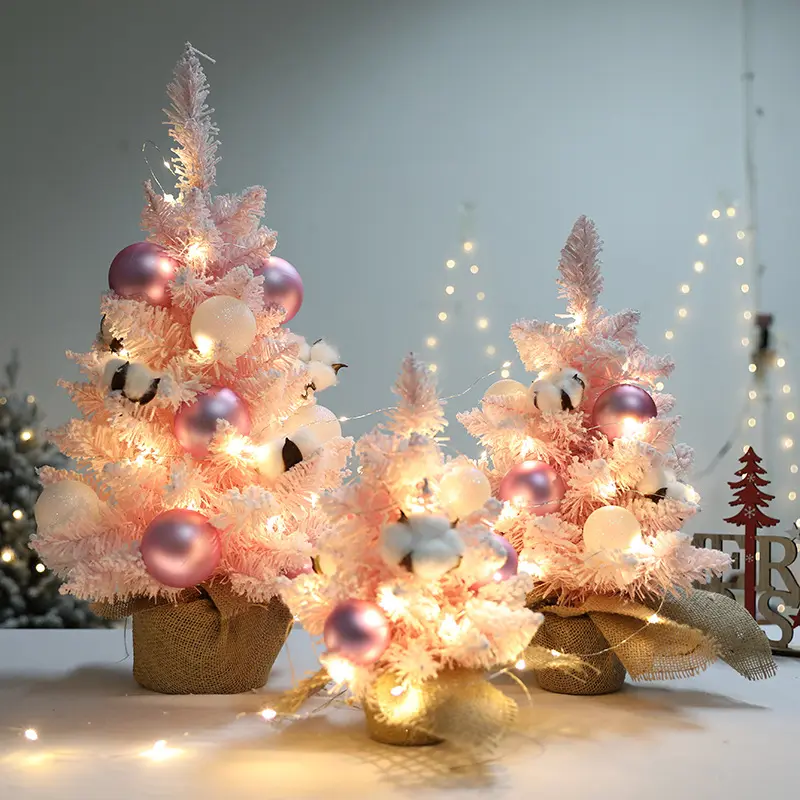Mini Rosa PVC PET PE Mixed New Made Artificial Árvore de Natal Com Luzes LED Ornamentos Para Centerpiece Tabela Janela
