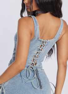 Iki parçalı Set kadın giyim yaz 2023 özel Petite Vintage yıkama Denim dantel up korse üst kalem Mini etek ile