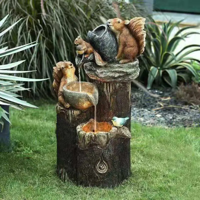 Mini fuente de cascada de mesa de resina con pato ardilla para jardín al aire libre decoración del hogar estatuas de baratija