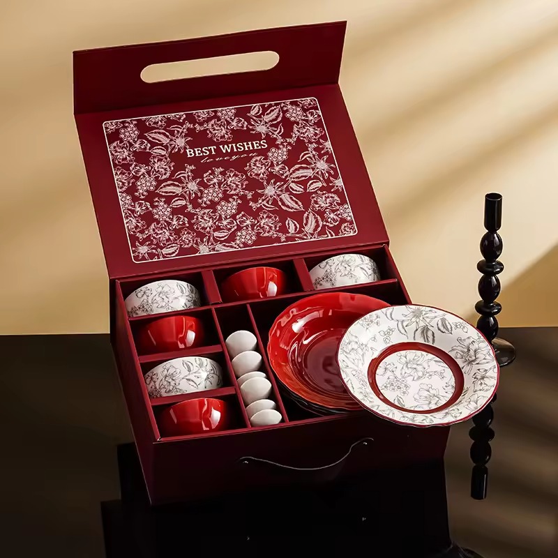 Rouge-6 bols 6 cuillères 2 assiettes avec coffret cadeau