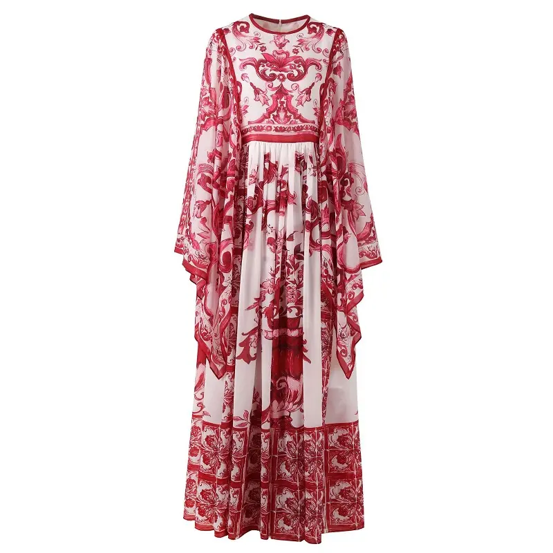 Floor Length Dress 2023 Summer Bohemian Beach Women Vintage Porcelain Prints Flare Sleeve Casual Silk Long Maxi Dress Elegant