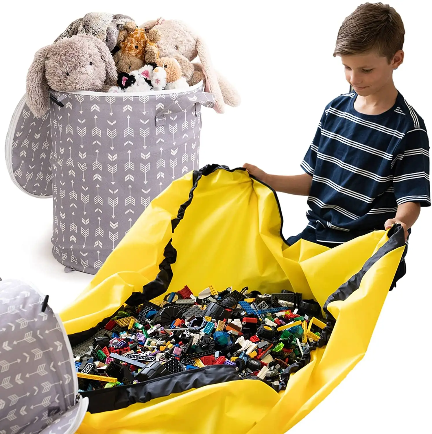 Cesta rápida de cordão para crianças, organizador de peito com zíper, sacola dobrável para armazenamento de brinquedos com tapete de brincar, grande capacidade