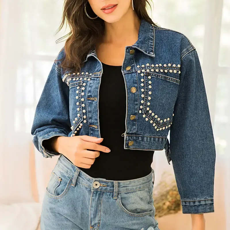 2023 Venta caliente Suavizante Transpirable Remache Chaqueta de mezclilla Elegante Bordado Jeans Chaquetas a granel