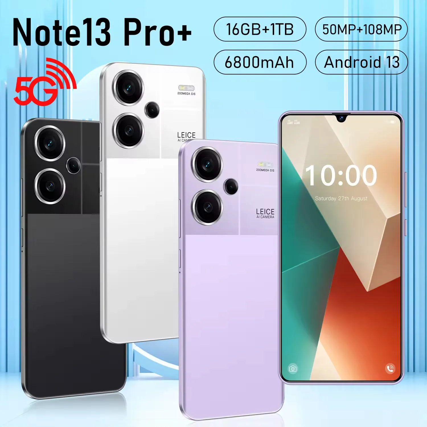 Para teléfono Note13 Pro + 5G, cuerpo de vidrio Hot Bend, 16GB RAM, 512GB ROM, pantalla Waterdrop de 7,3 ", cámara de 108MP, batería de 6800mAh