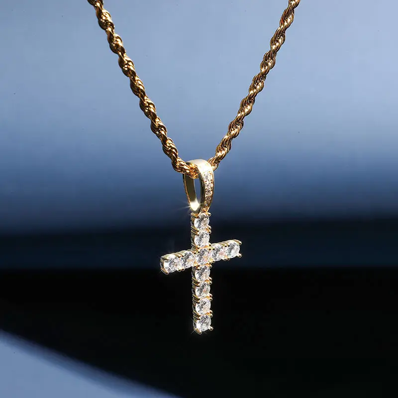 925 argent plein de zircon plaqué or solide croix pendentif bijoux colliers