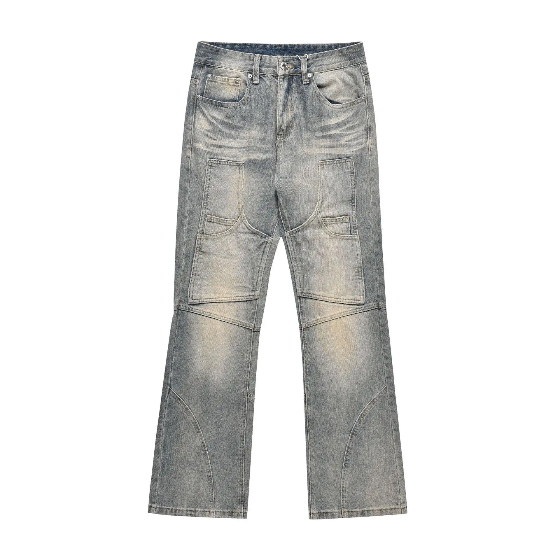 Four Seasons Casual Versatile High Street Trendy New Wash Pocket Spliced Zipper Micro Horn Jeans