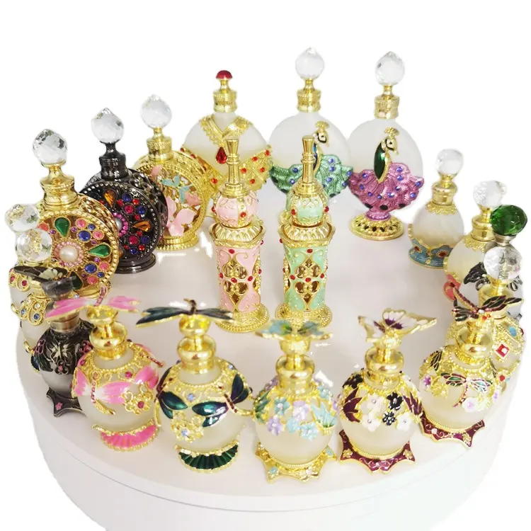Botella de Perfume de aleación de Metal para decoración del hogar, frasco de vidrio vacío de estilo árabe Retro, 30ml