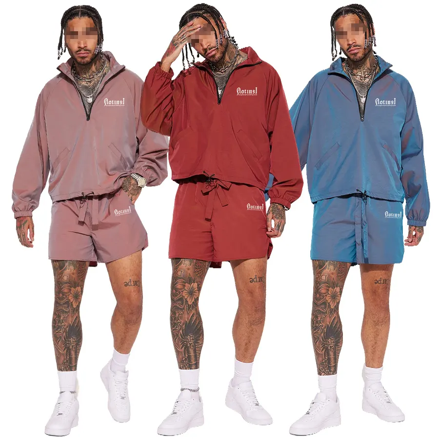Atacado Moda Roupas Mens Track Suit Define Vestuário Reflexivo Fabricantes Windbreaker Sweatshirt Shorts Set Men