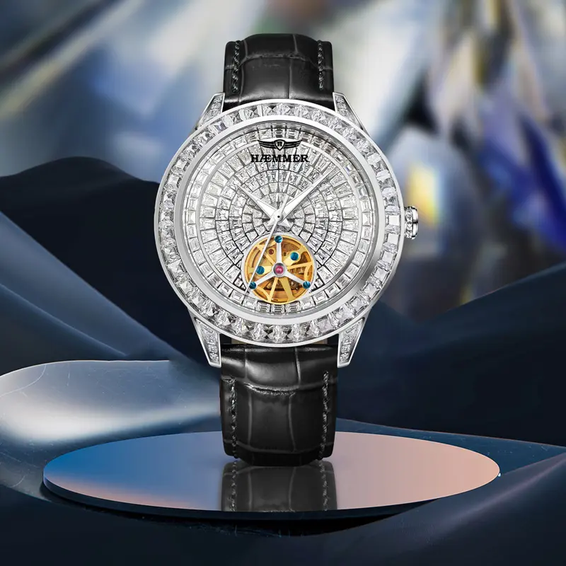 Haemmer 5037 Luxury Handmade Mosaic Diamond Silver Steel Watch Fashion Hip Hop Automatic Mens Watch