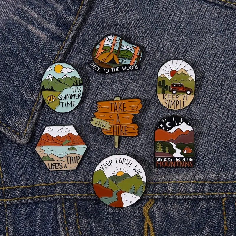 Camping Outdoors Enamel Pins Custom Wild Hiking Adventure Mountain Trip Brooches Lapel Badges Funny Jewelry Gift for Friends