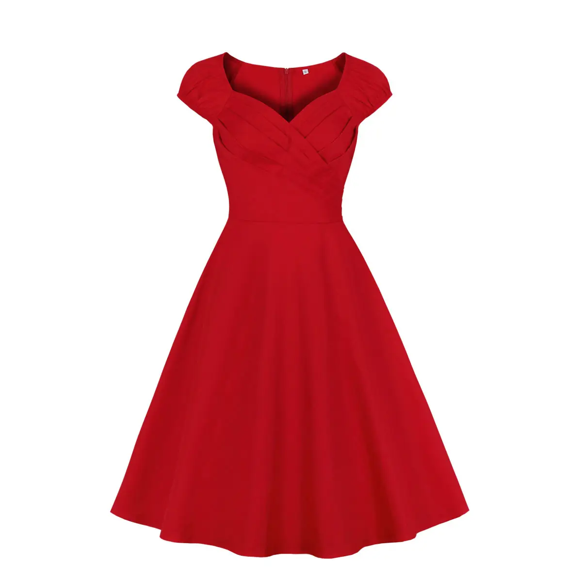Manica corta In Cotone di Colore Solido di Lunghezza Del Ginocchio Rosso 50s 60s Retro Vintage Dress VD2281