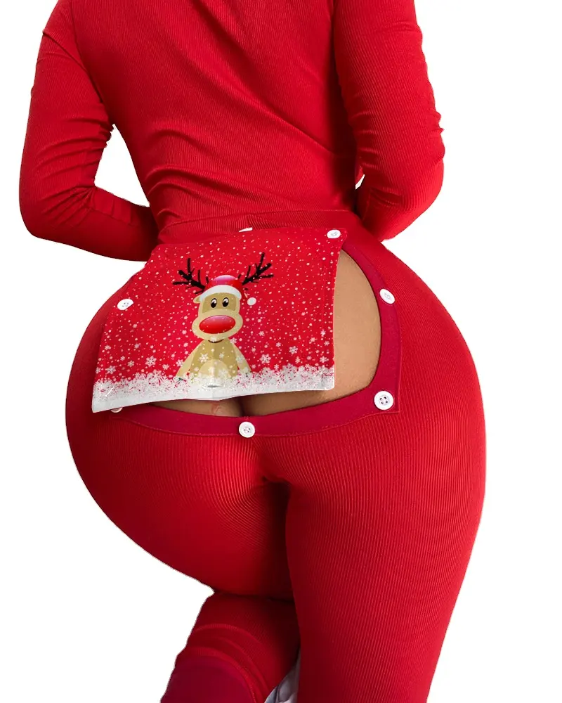 도매 가을 패턴 편지 인쇄 엉덩이 플랩 사용자 정의 섹시한 성인 오픈 엉덩이 롬퍼 여성을위한 크리스마스 onesies 잠옷