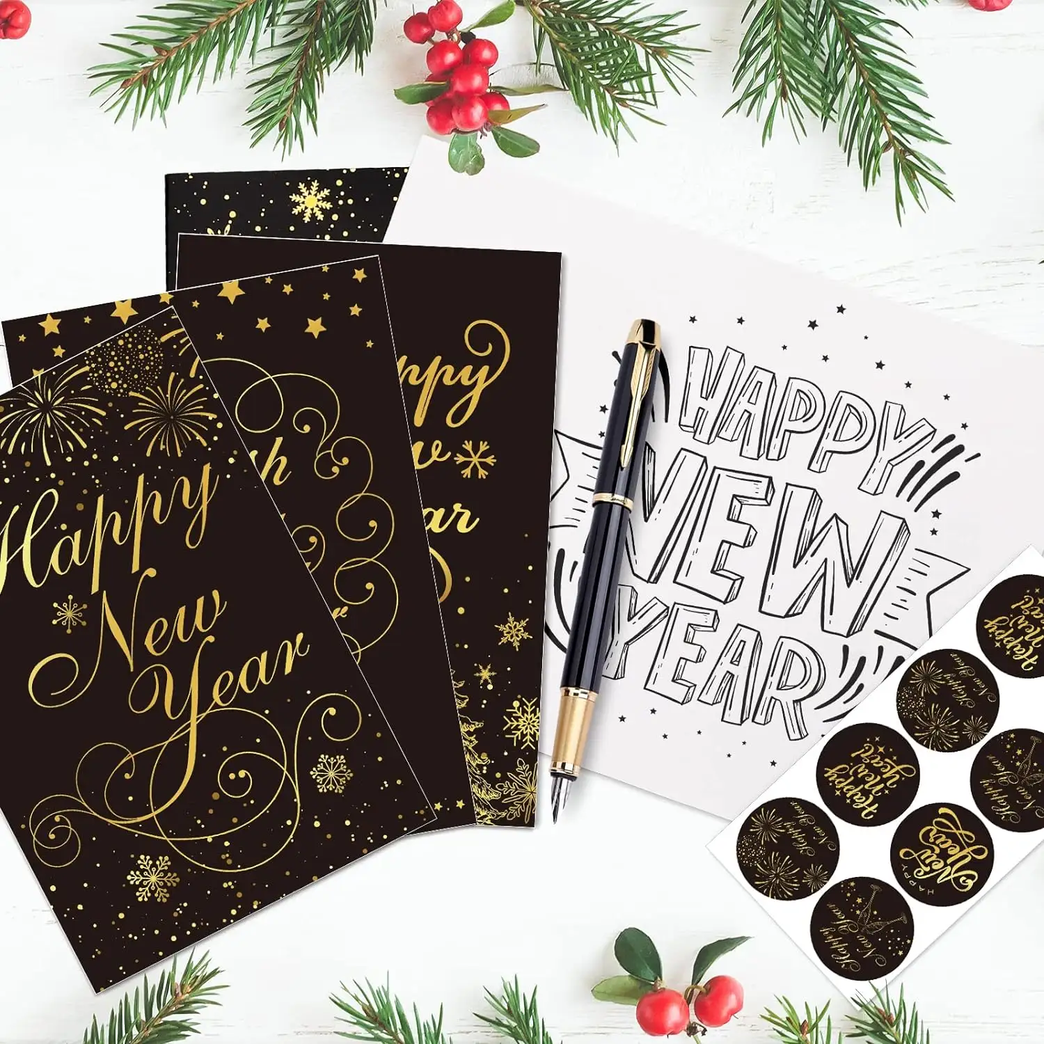 High Quality happy new year holiday greeting cards black foil gold note cards for family