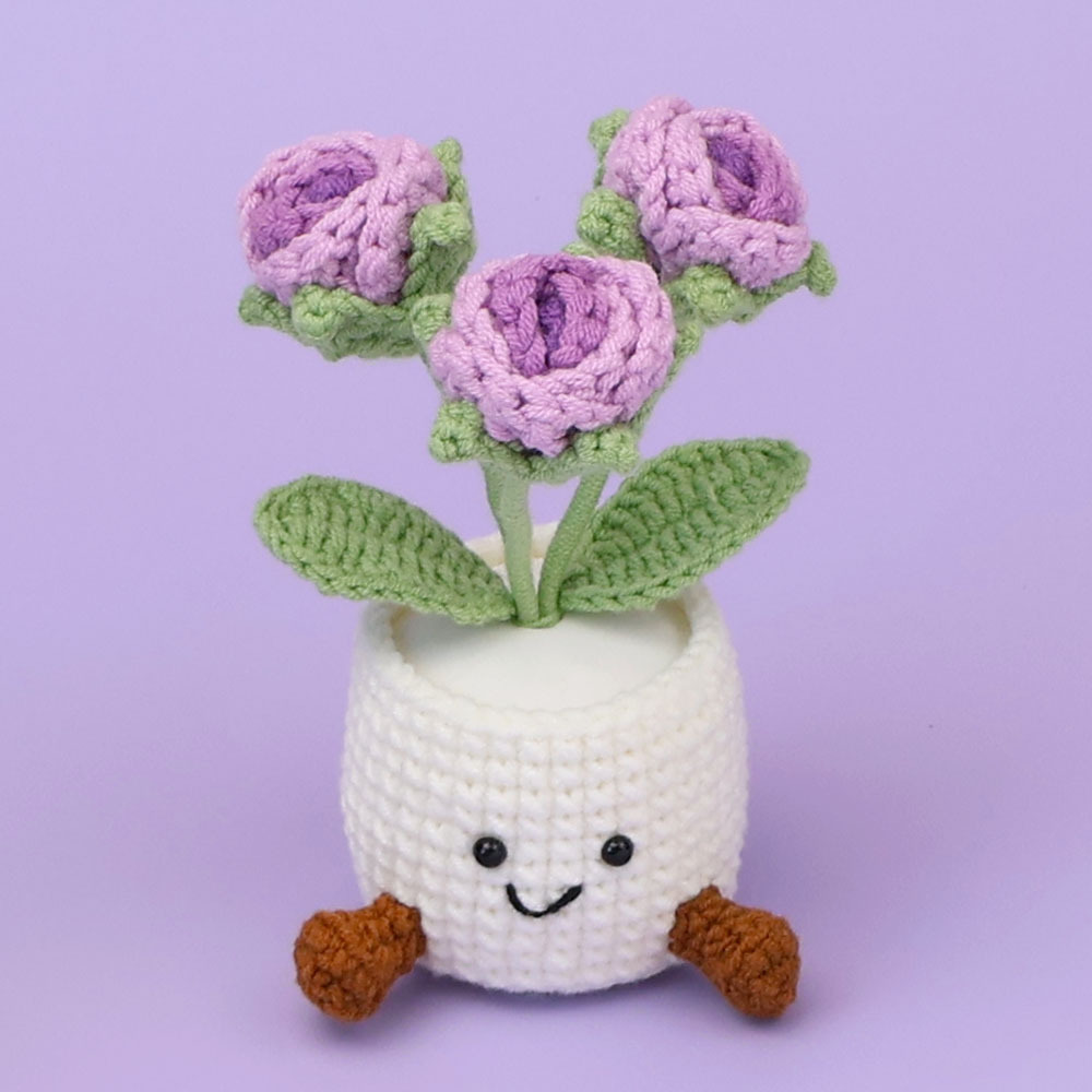 Neige cinq dégradé violet, 3 roses à bulles, pot en fil de fer blanc duveteux.