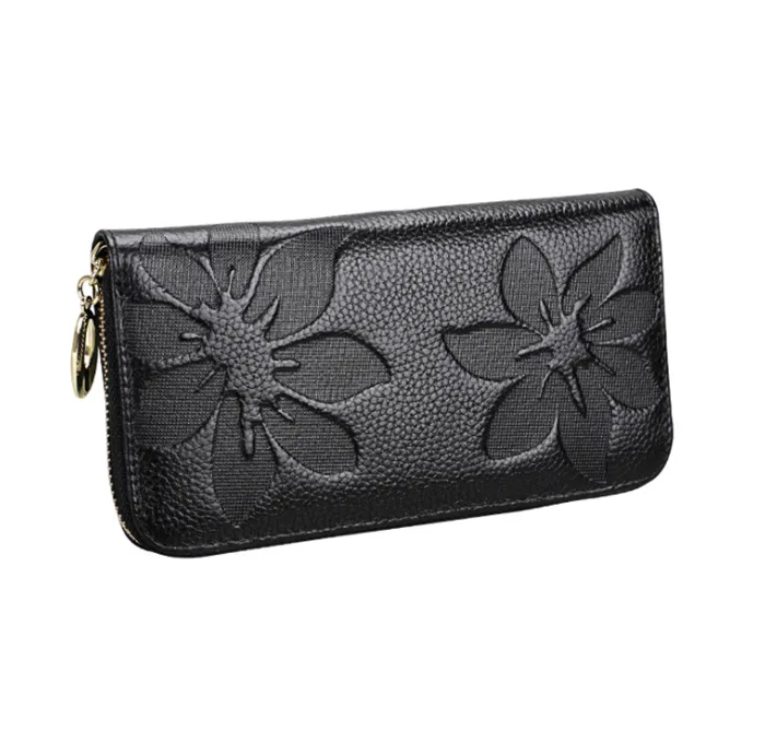 Cartera de cuero para mujer larga colorida con flores en relieve para venta al por mayor única