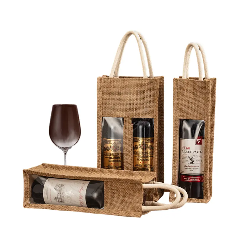 Tas anggur rami Logo kustom kualitas tinggi untuk botol tunggal tas Tote pembawa anggur goni dapat digunakan kembali dengan pegangan rotan