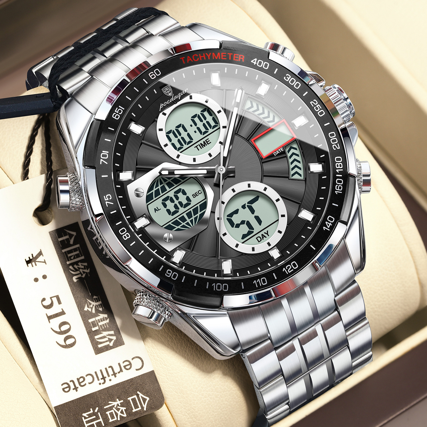 E108 silver case-black dial-steel strap model