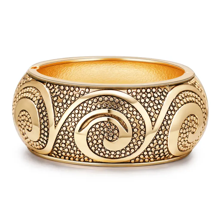 Ethnic Totem Metal Carved Wide Bangles Tibetan Gold Color Vintage Retro Tribal Cuff Bracelet For Women