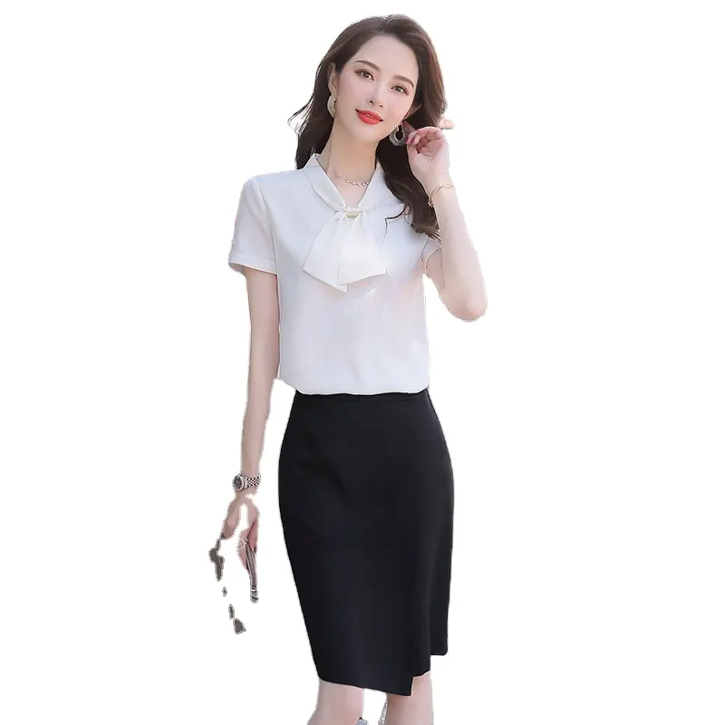 China venta directa de fábrica Dropship, venta al por mayor de corbata blanca camisas para las mujeres, Blusa de manga corta con arco Oficina Ropa de verano superior