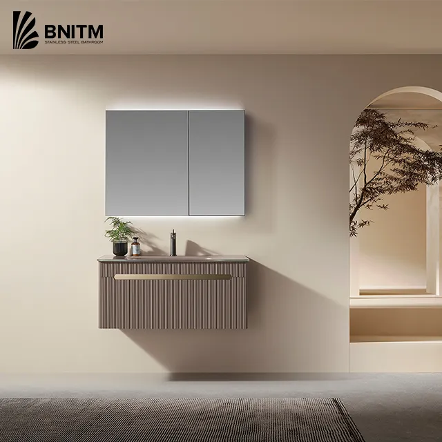 BNITM moderno bagno lavello singolo vetro lavabo armadi con LED a parete Foshan fornitore di piccoli bagni