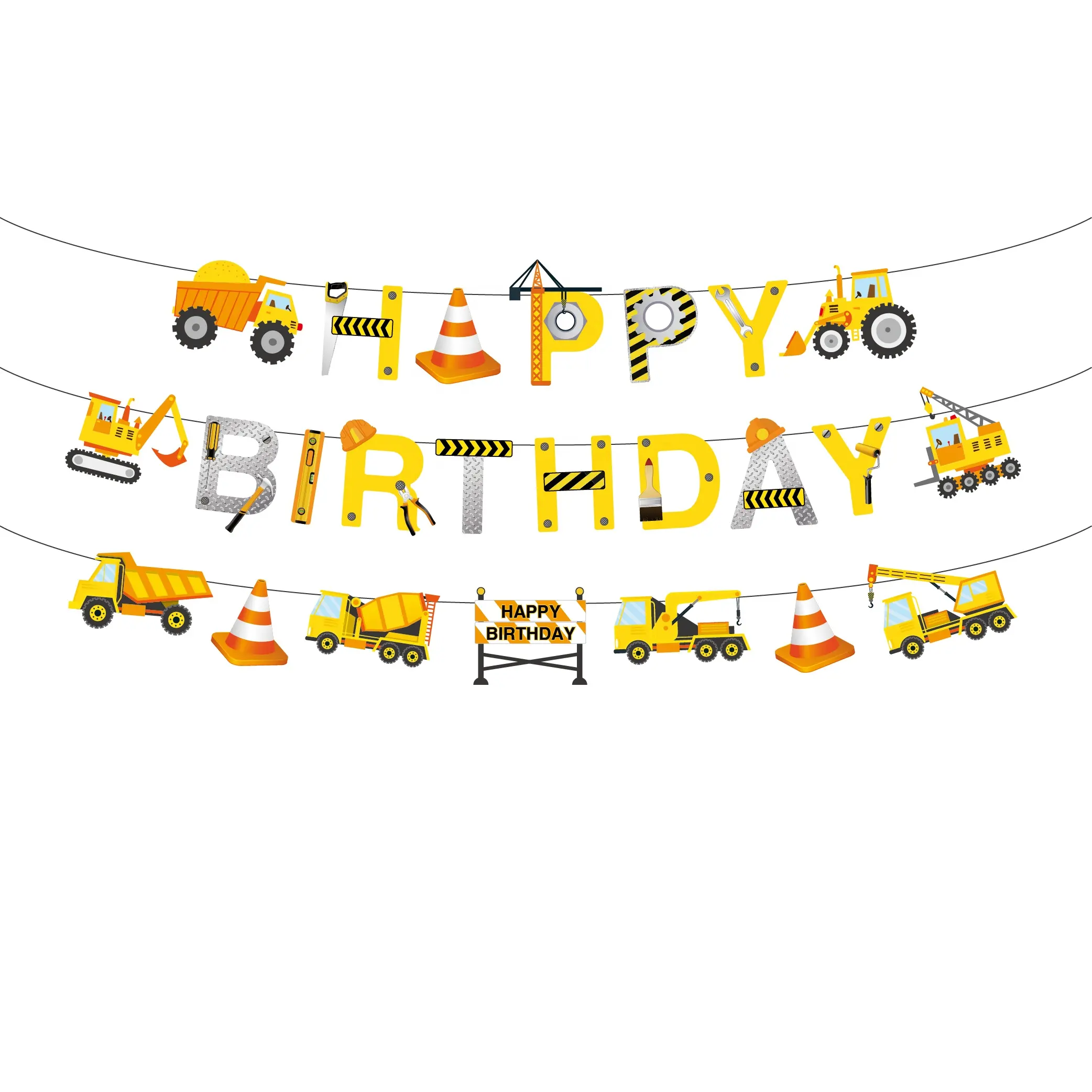 Huancai Construction HAPPY BIRTHDAY Banner truck excavator paper banner bunting for kids birthday party supplies decorations