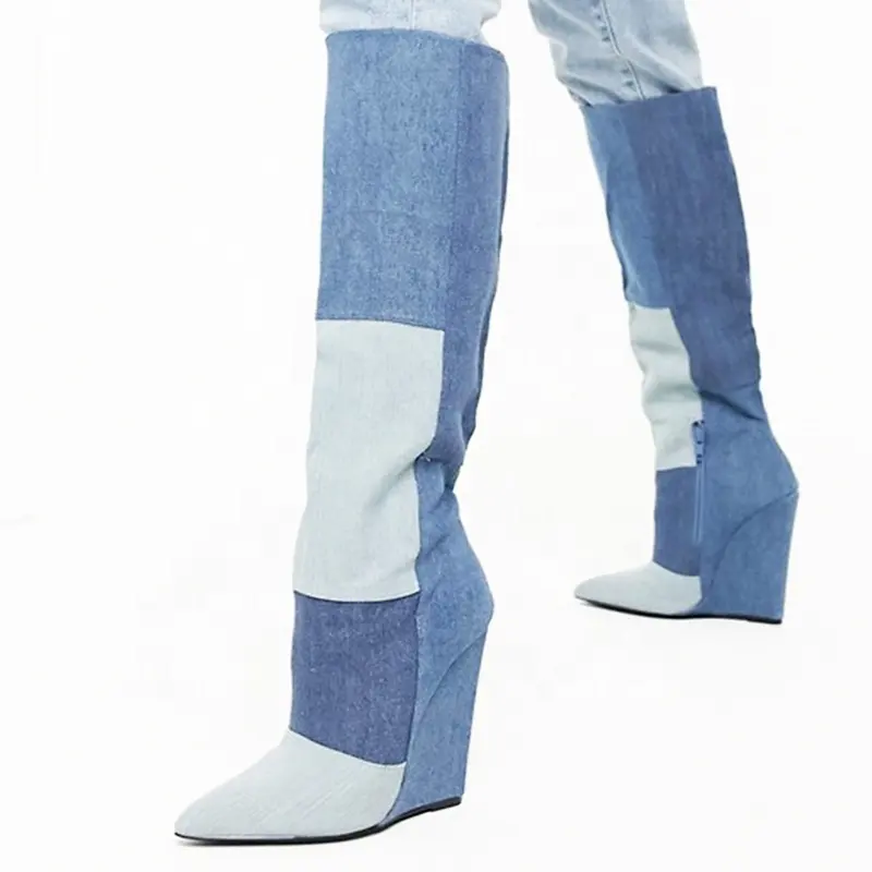 การออกแบบขนาดบวกส้นสูงสุภาพสตรีแฟชั่นรองเท้าผู้หญิงยีนส์ยาวกางเกงยีนส์รองเท้าเข่าสูง2022